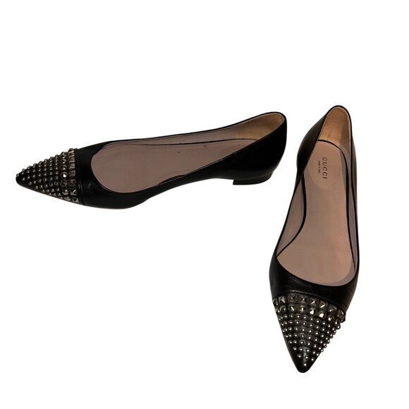 gucci italy black leather silver studded ballet flat loafer shoes 9 1/2 - Picture 1 of 11